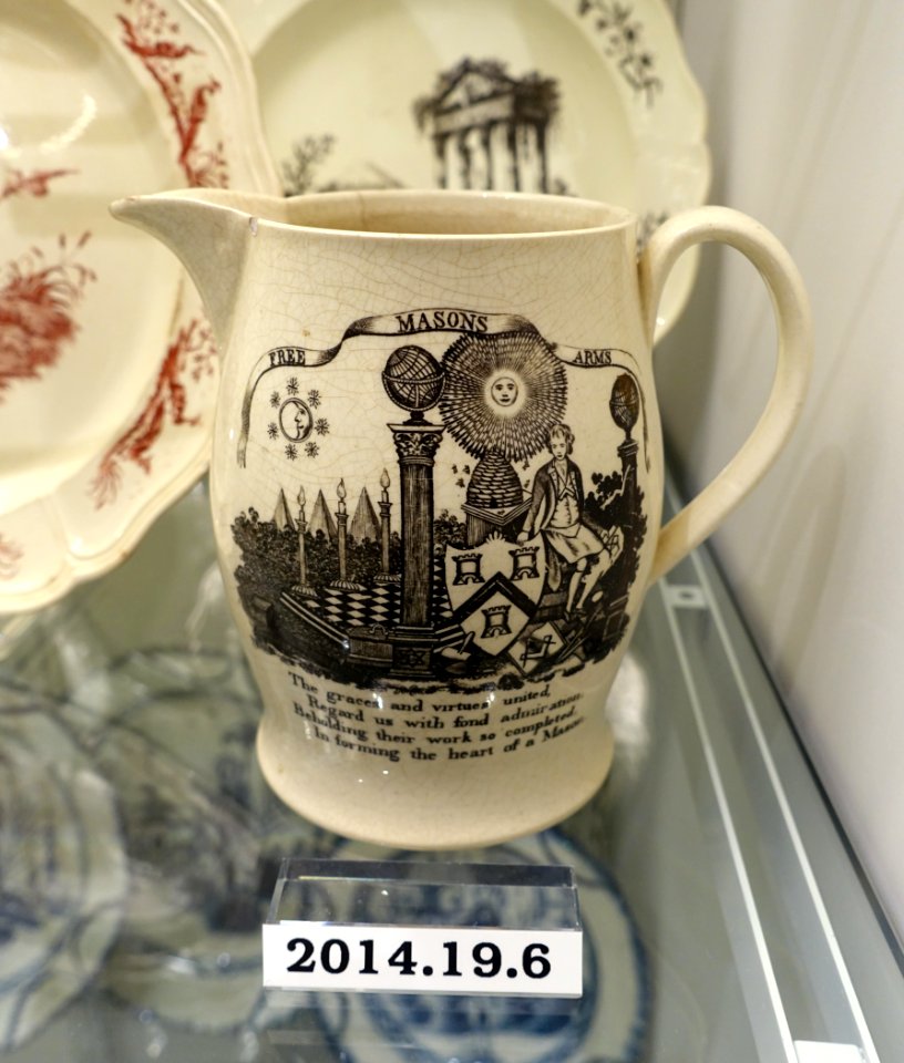 Jug with Free Masons Arms, Liverpool, England, 1800-1810, transferware (creamware), HD 2014.19.6 - Flynt Center of Early New England Life - Deerfield, Massachusetts - DSC04597