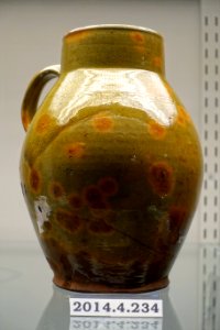 Jug, Massachusetts, North Shore, c. 1780, lead-glazed redware, item HD 2014.4.234 - Flynt Center of Early New England Life - Deerfield, Massachusetts - DSC04030