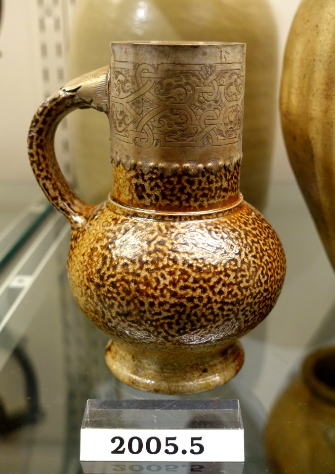 Jug, c. 1597, salt-glazed stoneware (Frechen, Germany), silver (England), item HD 2005.5 - Flynt Center of Early New England Life - Deerfield, Massachusetts - DSC04213