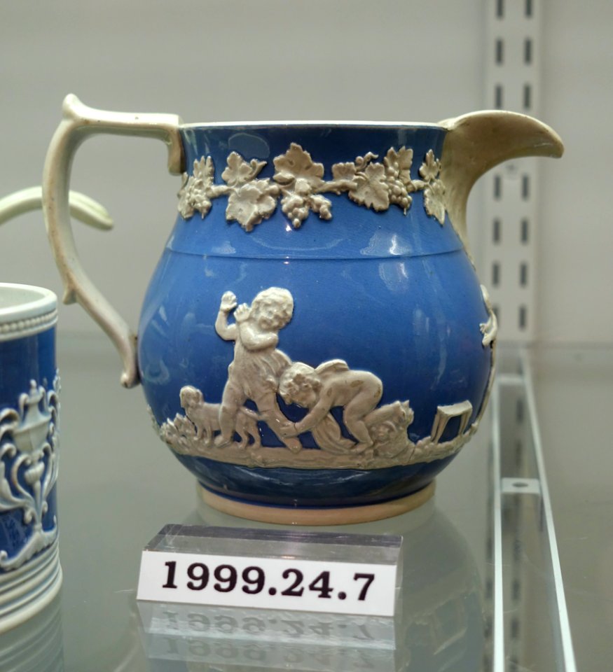 Jug, Wood & Caldwell, Burslem, Staffordshire, England, 1790-1818, pearlware, blue slip, sprigging, HD 1999.24.7 - Flynt Center of Early New England Life - Deerfield, Massachusetts - DSC04601