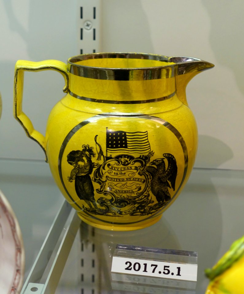 Jug, Staffordshire, England, c. 1810, earthenware, yellow glaze, black enamel, luster, HD 2017.5.1 - Flynt Center of Early New England Life - Deerfield, Massachusetts - DSC04627