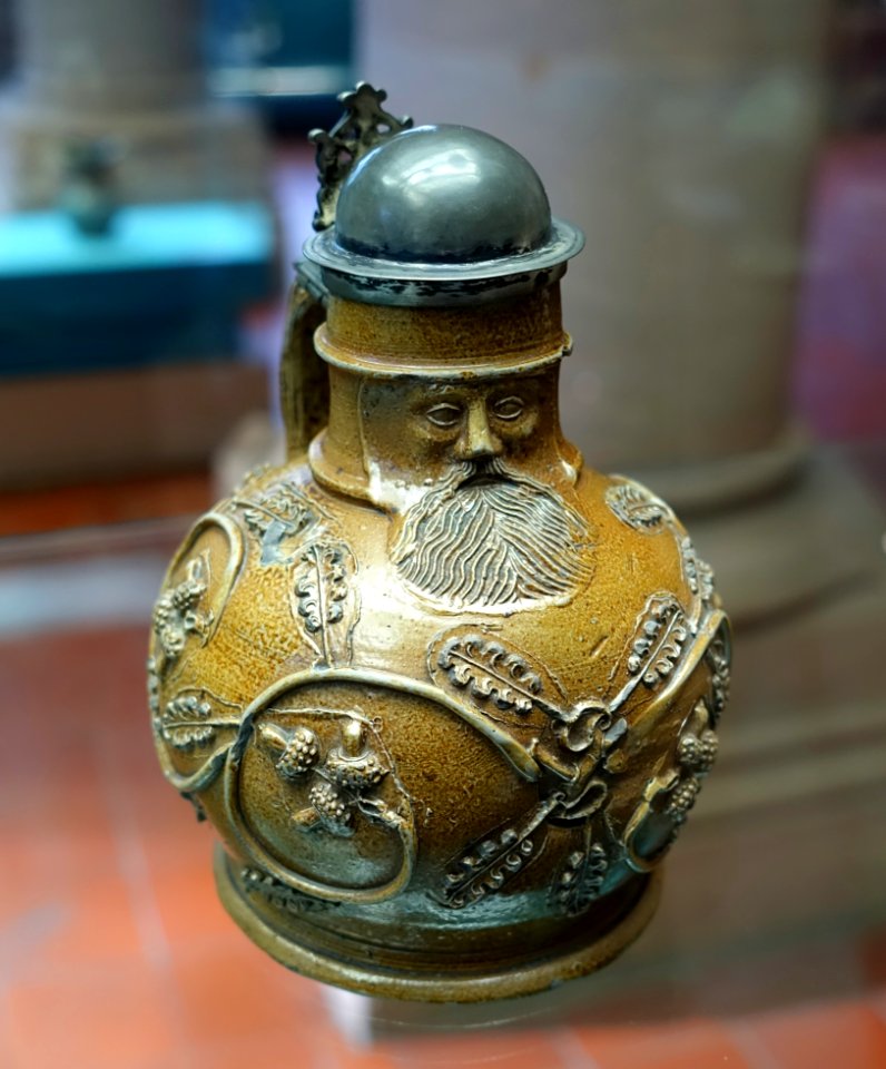 Jug, Cologne, Werkstatt Mximinenstrasse, mid 1500s, stoneware with applications - Germanisches Nationalmuseum - Nuremberg, Germany - DSC03205