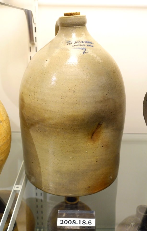 Jug, Van Loon and Boyden, Ashfield MA, 1854-1856, salt-glazed stoneware, cobalt blue enamel, Albany slip, item HD 2008.18.6 - Flynt Center of Early New England Life - Deerfield, Massachusetts - DSC04209