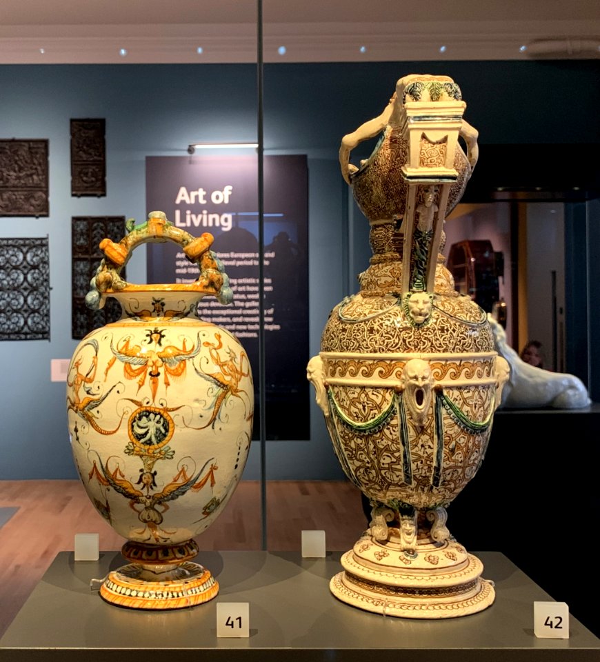 Jug with double spout, Urbino, Italy c1579 & Ewer, Saint-Porchaire ceramic, France mid-16th century