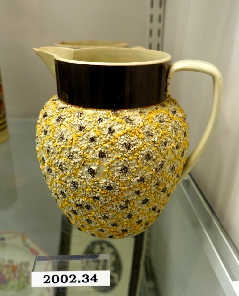 Jug, Staffordshire, England, 1815-1830, gravelware (pearlware, slip, antimony yellow enamel), HD 2002.34 - Flynt Center of Early New England Life - Deerfield, Massachusetts - DSC04661