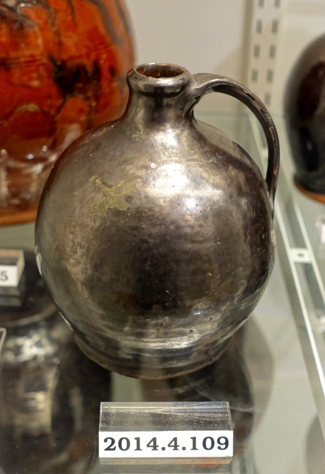 Jug, American, probably New England, c. 1800, redware with manganese lead glaze, item HD 2014.4.109 - Flynt Center of Early New England Life - Deerfield, Massachusetts - DSC04120