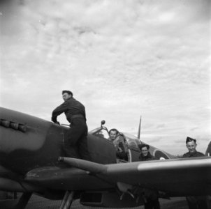 Jachtvlieger en grondpersoneel poseren bij Spitfire, Bestanddeelnr 900-2909