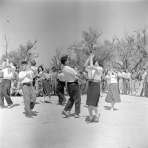 Inwoners van een kibboets dansen en zingen tijdens de herdenking van de onafhank, Bestanddeelnr 255-0744