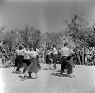 Inwoners van een kibboets dansen en zingen tijdens de herdenking van de onafhank, Bestanddeelnr 255-0745