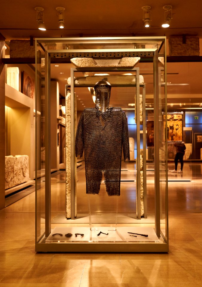 Iron chain male and bronze helmet (13th-15th cent.) at the Byzantine and Christian Museum of Athens on 12 April 2019