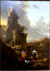 Italianate Landscape with Animals, a Shepherd, and a Peasant Woman Holding a Distaff, workshop of Nicolaes Pietersz Berchem, undated, oil on canvas - Blanton Museum of Art - Austin, Texas - DSC07814