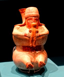 Jar, figure holding a child, Recuay style, Peru, 100 BC to 600 AD, ceramic - Fowler Museum - University of California, Los Angeles - DSC02388