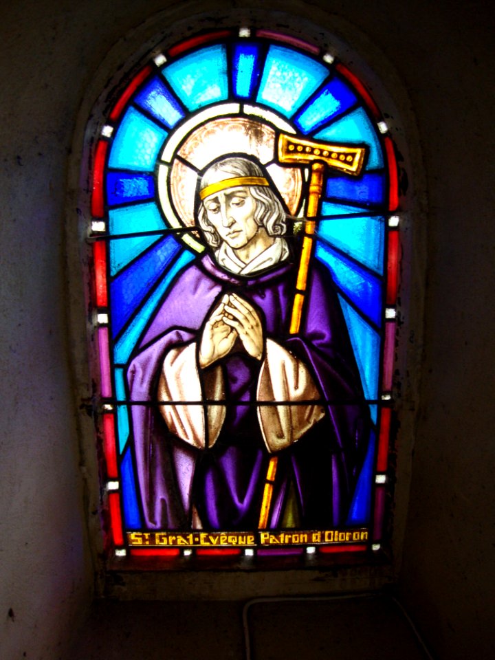 Issor (Pyr-Atl, Fr) vitrail 7 St.Grat évêeque parton d'Oloron