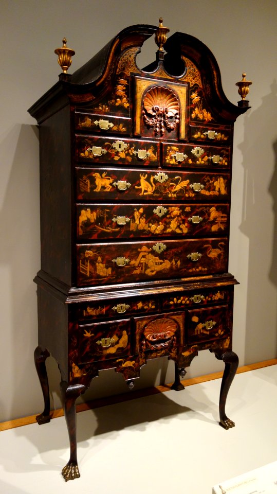 Japanned high chest, signed in chalk 'Pim', case by John Pimm, Boston, Massachusetts, 1740-1750, soft maple, black walnut, white pine, mahogany, paint, gesso, original brass, view 1 - Winterthur Museum - DSC01398