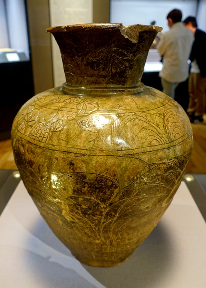 Jar with autumn grasses design, Atsumi ware, excavated at Minamikase, Saiwai-ku, Kawasaki-shi, Kanagawa, Heian period, 1100s AD, ceramic - Tokyo National Museum - Ueno Park, Tokyo, Japan - DSC09268