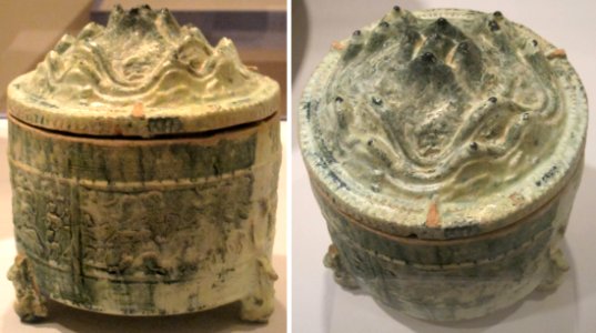 Jar with mountain-shaped cover, Han dynasty, earthenware with glaze, Honolulu Museum of Art