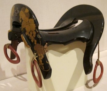 Japanese saddle dated 1630, lacquer, wood, silk lead and suede, HAA