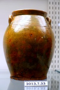 Jar, Massachusetts, North Shore, c. 1840, lead-glazed redware, item HD 2013.7.33 - Flynt Center of Early New England Life - Deerfield, Massachusetts - DSC04037
