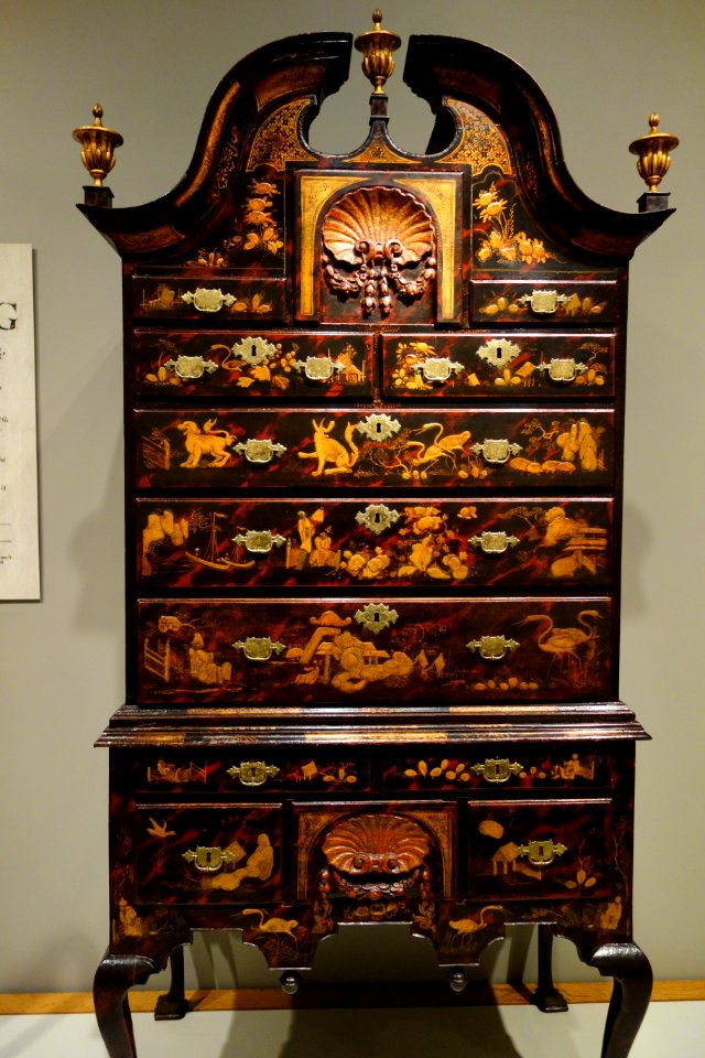 Japanned high chest, signed in chalk 'Pim', case by John Pimm, Boston, Massachusetts, 1740-1750, soft maple, black walnut, white pine, mahogany, paint, gesso, original brass, view 2 - Winterthur Museum - DSC01401