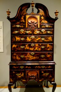 Japanned high chest, signed in chalk 'Pim', case by John Pimm, Boston, Massachusetts, 1740-1750, soft maple, black walnut, white pine, mahogany, paint, gesso, original brass, view 2 - Winterthur Museum - DSC01401