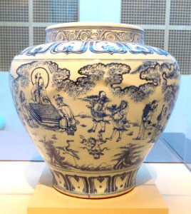 Jar with a celebration of longevity by Taoist immortants, China, Jingdezhen, Jiangxi province, Ming dynasty, Jingtai or Tianshun emperor, porcelain with underglaze blue - Asian Art Museum of San Francisco - DSC01375