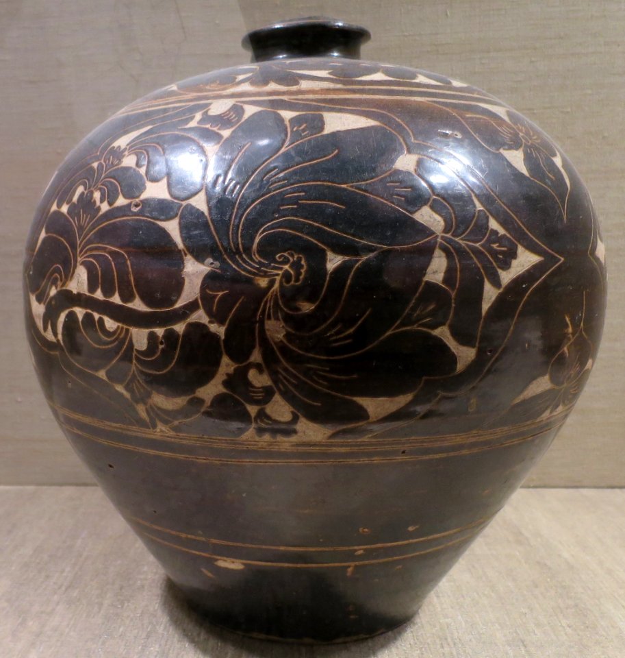 Jar from China, Yuan dynasty, 14th century, Cizhou ware, stoneware with carved design, Dayton Art Institute