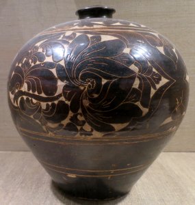 Jar from China, Yuan dynasty, 14th century, Cizhou ware, stoneware with carved design, Dayton Art Institute