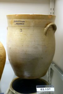 Jar by Thomas Crafts, Whately MA, 1833-1848, salt-glazed stoneware, cobalt enamel oxide, Albany slip, item HD 62.137 - Flynt Center of Early New England Life - Deerfield, Massachusetts - DSC04203