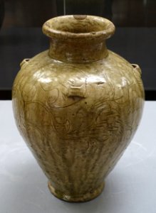Jar with four lugs and arabesque design, Seto ware, excavated from Mori-machi, Shuchi-gun, Shizuoka, Japan, Nanbokucho period, 1300s AD, yellow glaze - Tokyo National Museum - Tokyo, Japan - DSC08943