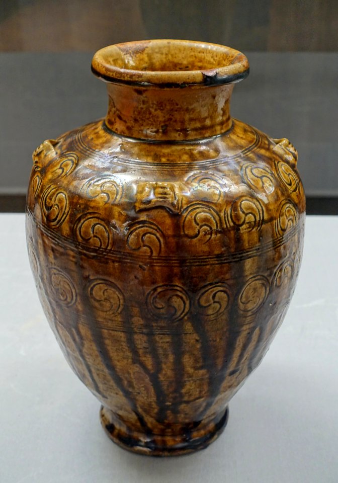 Jar with four lugs in tomoe (comma shapes) design, Seto ware, Japan, Nanbokucho period, 1300s AD, brown glaze - Tokyo National Museum - Tokyo, Japan - DSC08947