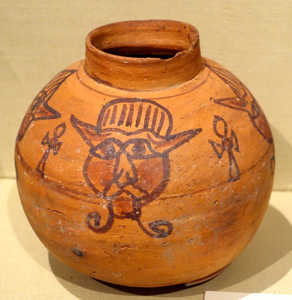 Jar with demons and ankhs, Nubia, Ballana, Cemetery B, tomb 81, Meroitic Phase IIB-IIIA, 50 BC to 225 AD, ceramic, paint - Oriental Institute Museum, University of Chicago - DSC08054
