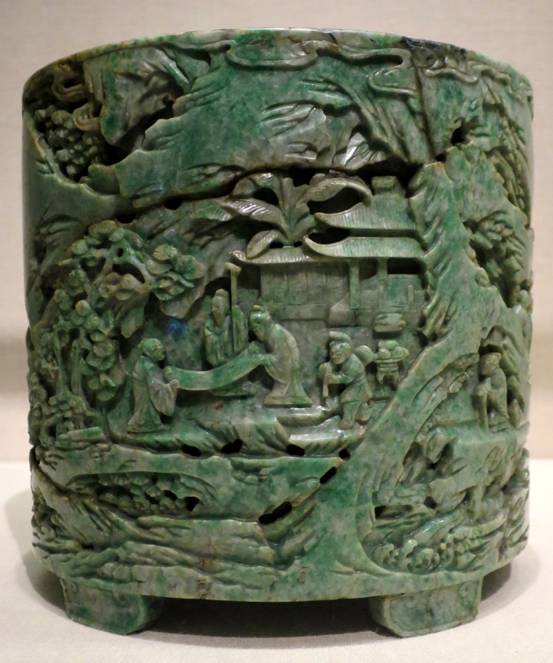 Jadeite brush holder with recluses, Qing, Metropolitan Museum of Art