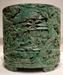 Jadeite brush holder with recluses, Qing, Metropolitan Museum of Art