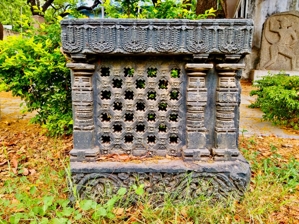Jali, pierced stone window Hindu temple ruins, Telangana