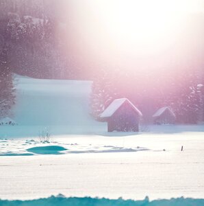 Snow log cabin winter photo