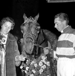 Jan Wagenaar jr. en echtgenote bij het paard, Bestanddeelnr 918-3334