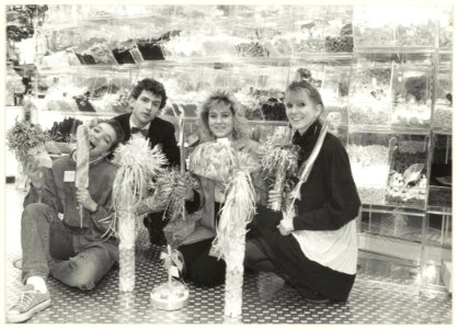 Jan Nijssen (2e van links) en Hanneke Naus (rechts) en twee onbekenden in de snoepwinkel Sweetheart. NL-HlmNHA 54023527