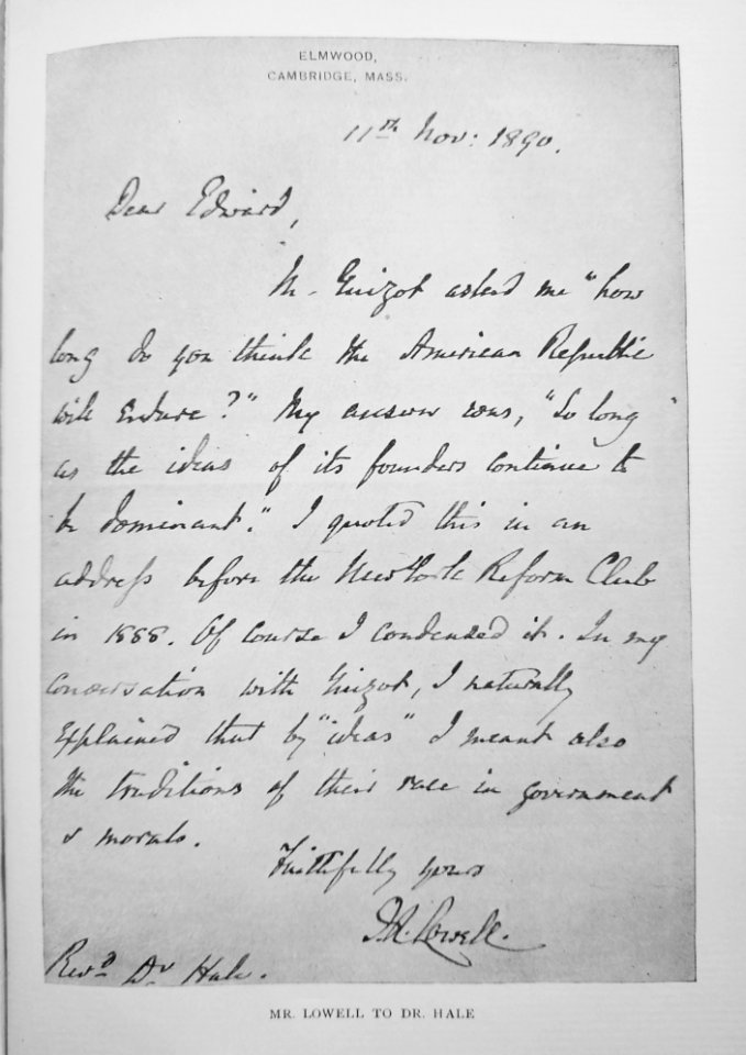 James Russell Lowell letter to Edward Everett Hale, November 11, 1890