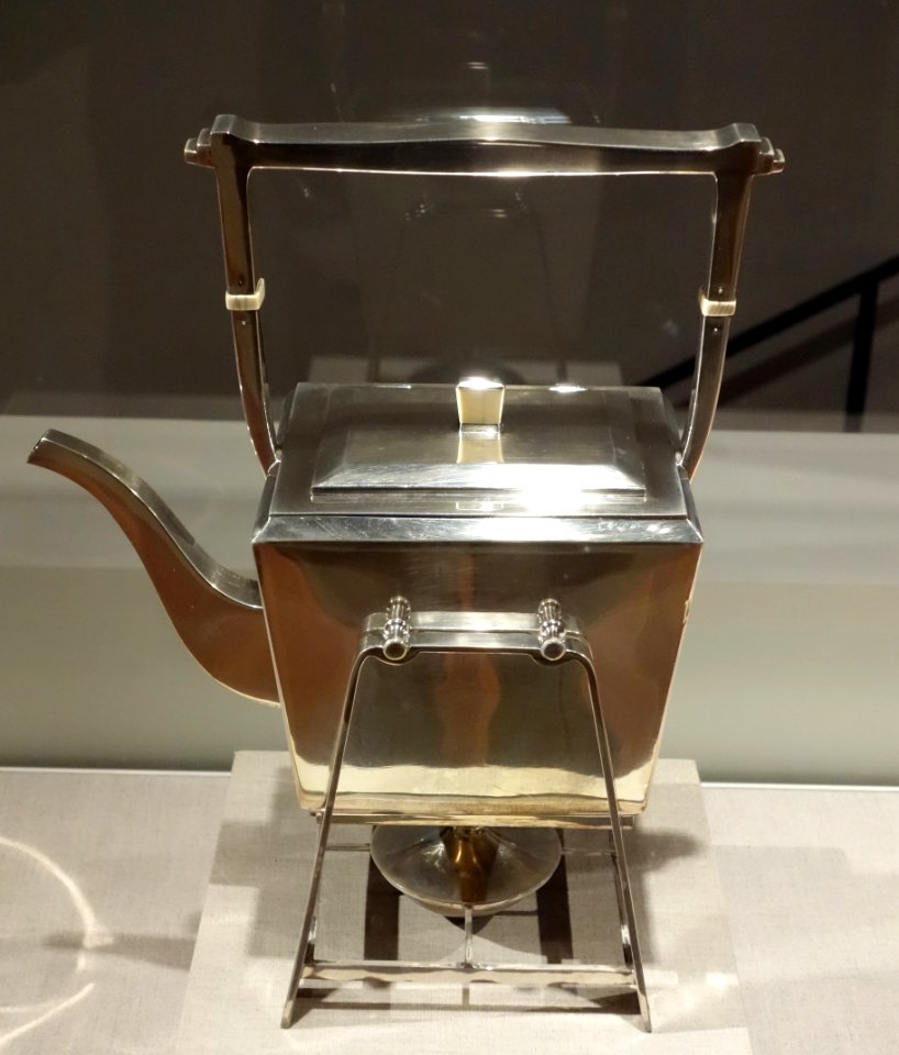 Kettle, stand, and burner, designed by Dirk van Erp (1860-1933), made by William Henry van Erp, c. 1930, silver with ivory or bone decoration - De Young Museum - DSC00766