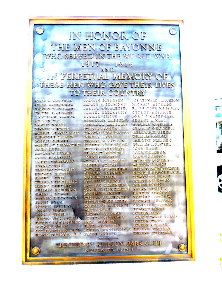 Killen Pk WWI honor roll plaque Bayonne jeh