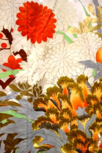 Kimono (furisode) probably used as a theatrical costume, view 3, Japan, early to mid 20th century, silk, gold and silver thread, gold dust - Textile Museum of Canada - DSC00871