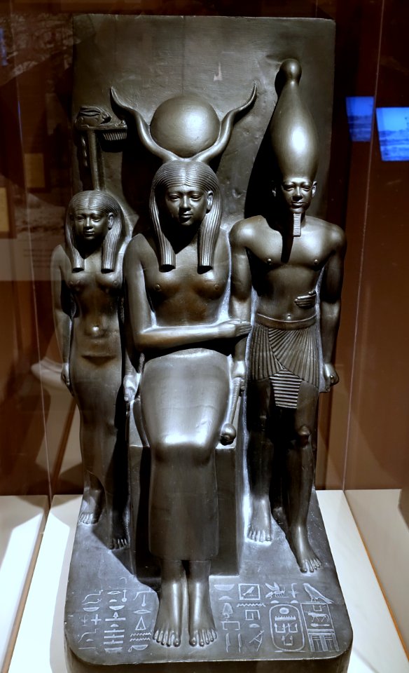 King Menkaure and two goddesses, plaster cast of original in Museum of Fine Arts, Boston, Egypt, Giza, Valley Temple of Menkaure, Dynasty 4, c. 2490-2472 BC - Harvard Semitic Museum - Cambridge, MA - DSC06126