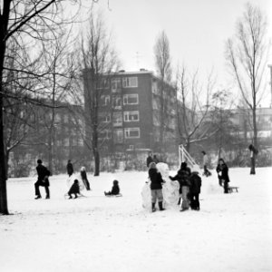 Kinderen maken een grote sneeuwbal en rijden sleetje, Bestanddeelnr 926-8628