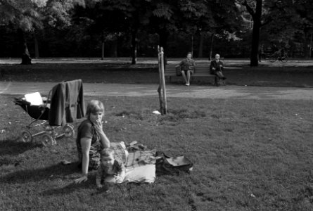 Kinderen en oude mensen in Vondelpark, Amsterdam in herfstzon, Bestanddeelnr 924-9991