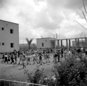 Kinderen van het kinderdorp Oniem dansen (vermoedelijk) de hora, Bestanddeelnr 255-0543