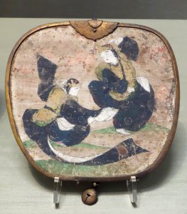 Keman (pendant ornament) with kochomai (Noh dance) design, formerly owned by Niutsuhime-jinja, Mount Koya, Wakayama, Muromachi period, 16th century, wood with polychromy - Tokyo National Museum - DSC05733