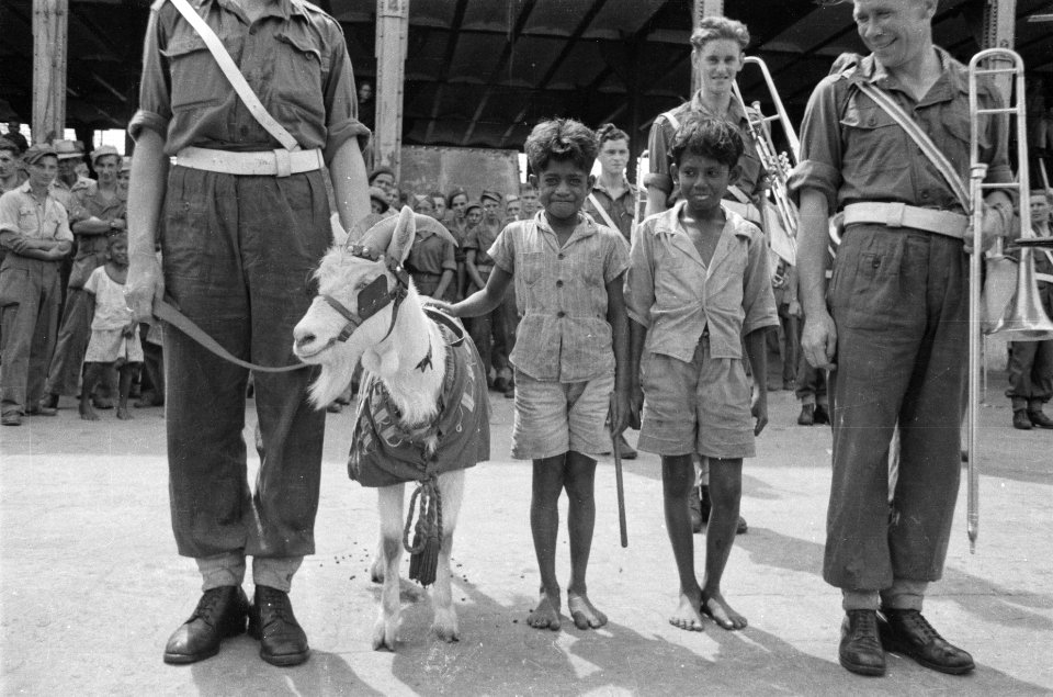 Kees de Bok, de mascotte van de Prins Bernhard Kapel, aan wal met twee kleine op, Bestanddeelnr 91-1-5