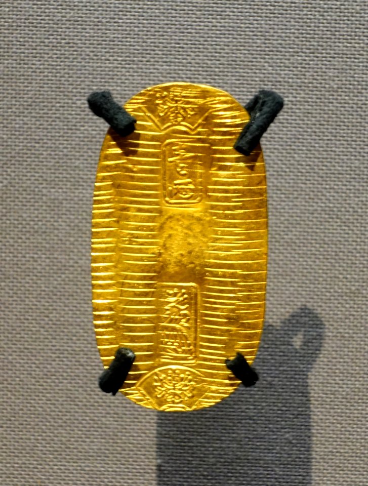 Keicho-koban coin, excavated at site of Ginza 6cho-me, Chuo-ku, Tokyo, Japan, Azuchi-Momoyama to Edo period, 1500s-1600s AD, gold - Tokyo National Museum - Tokyo, Japan - DSC09232