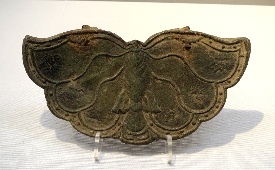 Kei gong in butterfly shape, excavated at Miyabuchi, Matsumoto-shi, Nagano, Japan, Heian period, dated 1001 AD, bronze - Tokyo National Museum - Tokyo, Japan - DSC08913