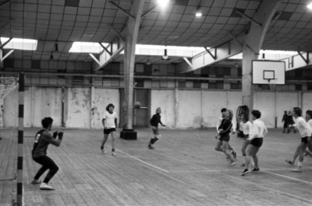 Kerstsporttoernooi voor scholieren Amsterdam, zaal handbalwedstrijd in oude RAI, Bestanddeelnr 925-2498